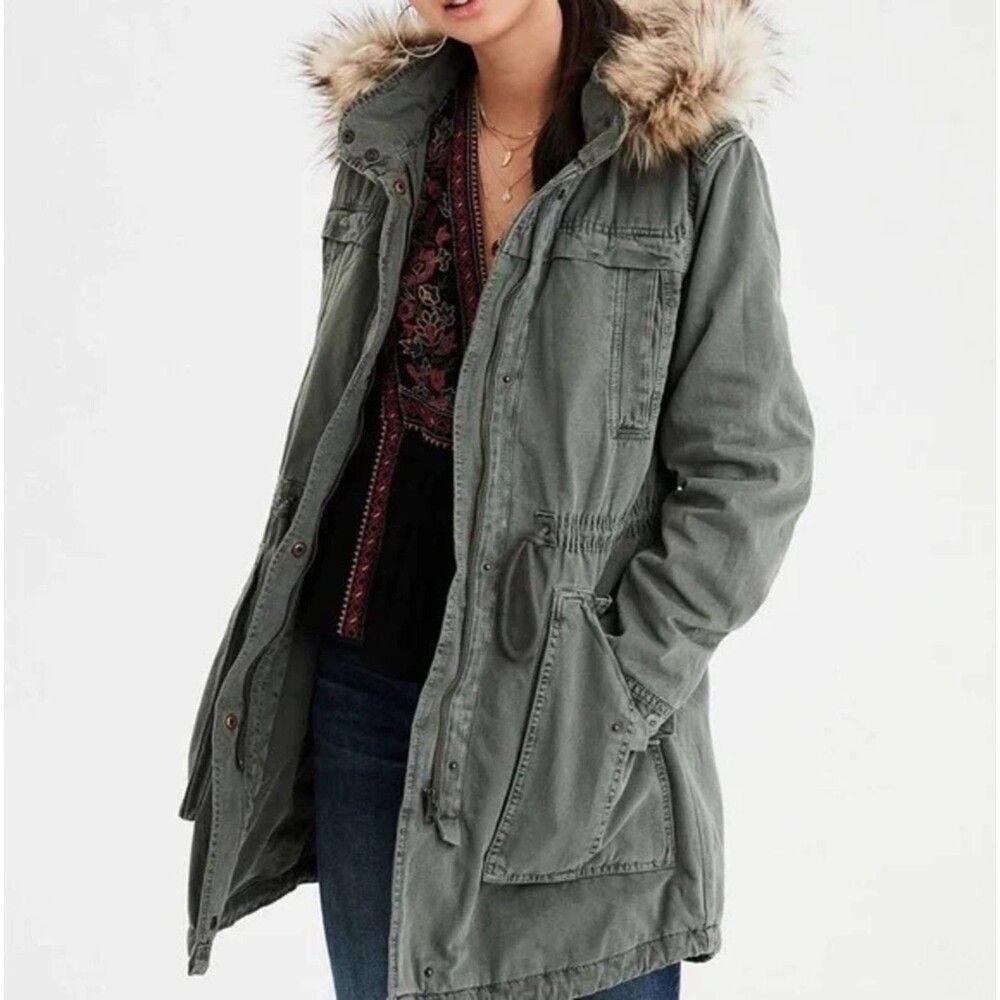 American Eagle Coat Womens M Barn Chore Military Hooded Anorak Parka Faux Fur - Picture 3 of 14